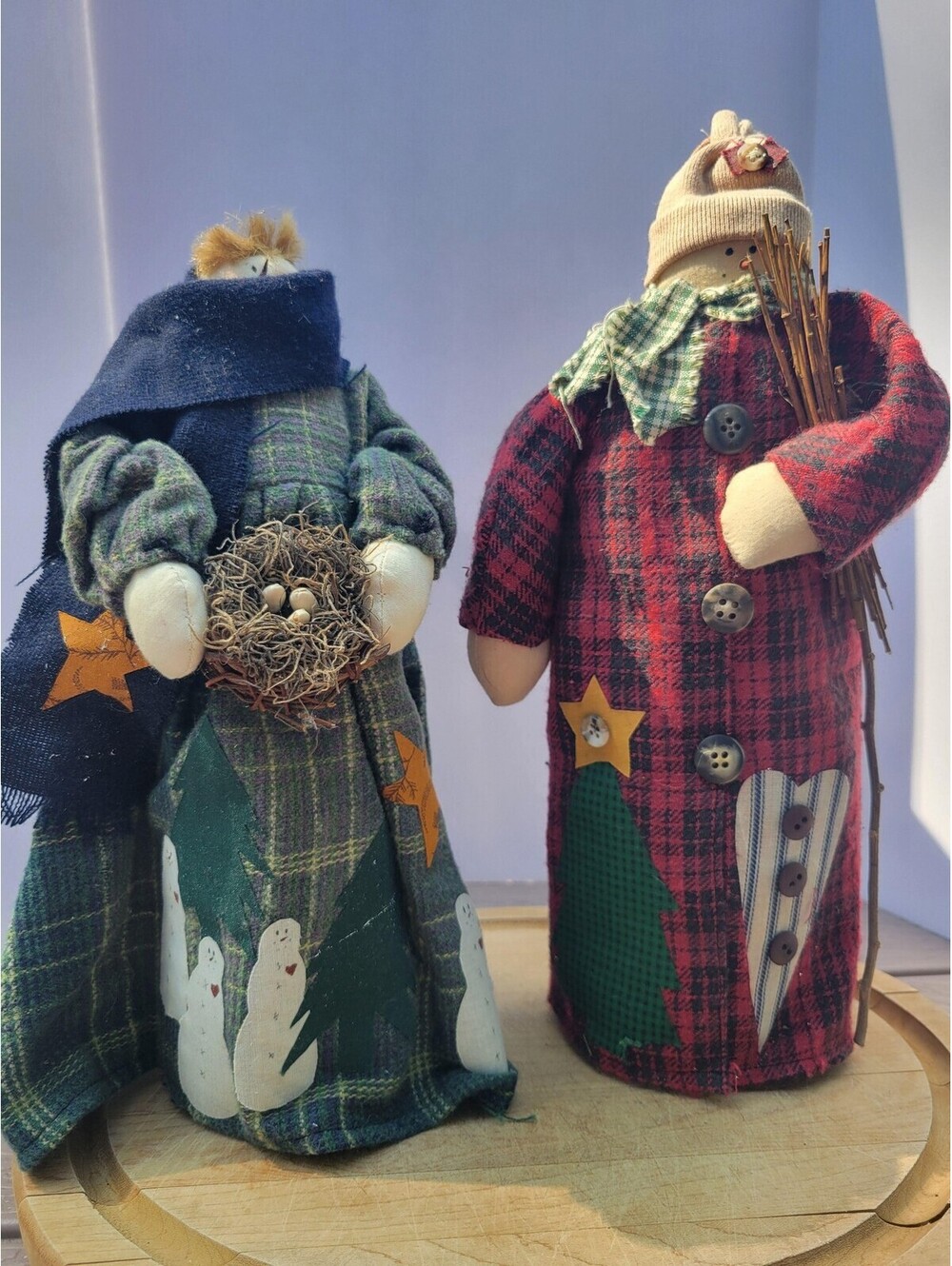 Christmas Rustic Snowman Fabric Figures Set Of 2 Plaid Primitive Decor Winter